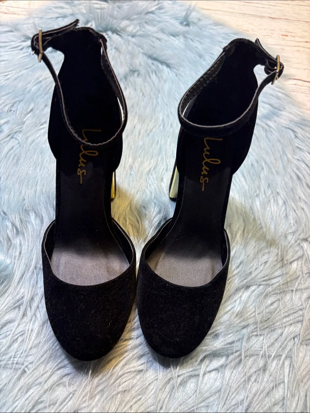 Lulu's Black Suede Ankle-Strap Block Heels sz 6.5
